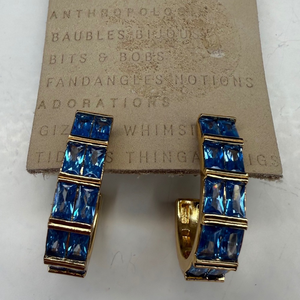 NEW Anthropologie Light Blue Baguette Crystal Gold Tone Hoop Post Earrings $44